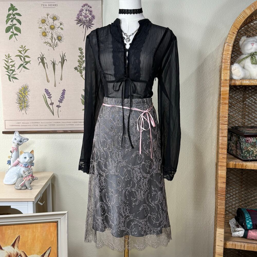 90s Y2k Floral Embroidered Skirt Gloomy Coquette Dolly Romantic Whimsigoth 8 M